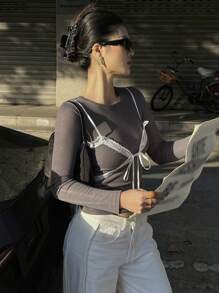 DAZY Lace Panel 2 In 1 Long Sleeve T-Shirt For Women, Spring,Fall Women Clothes - Grey - View 4