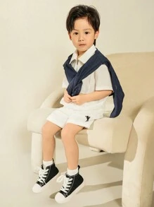 SHEIN 年轻男孩休闲纯白色短袖常规拉链上衣，适合春夏日常穿着