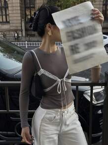 DAZY Lace Panel 2 In 1 Long Sleeve T-Shirt For Women, Spring,Fall Women Clothes - Grey - View 2