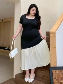 Dazy Plus Plus Size Stretchy Fitted Colorblock Square Neck Dress, Spring/Summer,Casual Women Dresses - Black - View 4