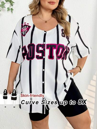 SHEIN CURVE+ Plus Size Women's Striped And Letter Patterned Open Top Shirt