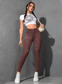 SHEIN Essnce 女式口袋紧身休闲百搭牛仔裤 - 酒紅色 - 查看 2
