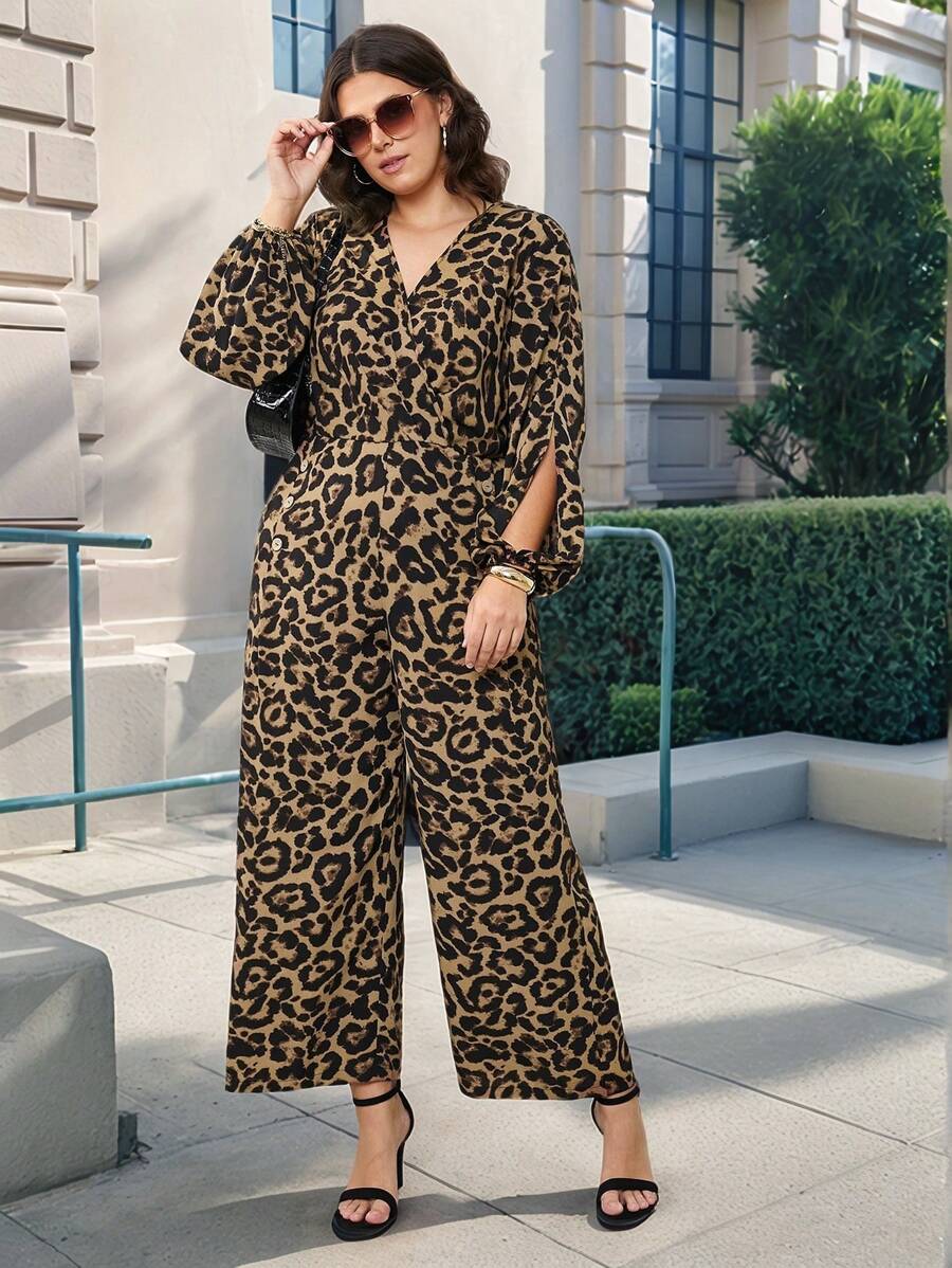 SHEIN LUNE 大码 V 领长袖豹纹简约休闲连体裤 - 棕色 - 查看 1