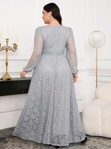 Modelyn 大码女式甜心领口灯笼袖蕾丝长款优雅连衣裙 - 灰色 - 查看 2