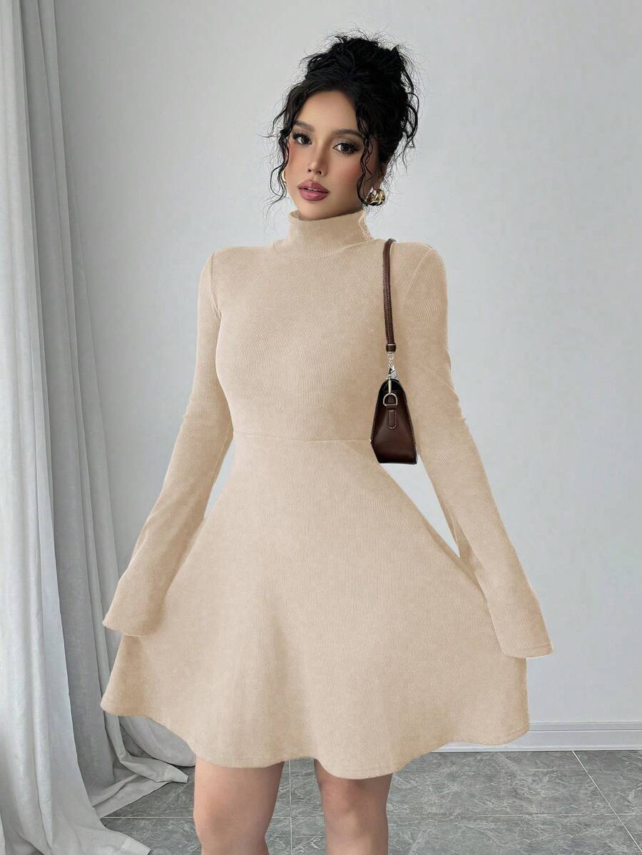 Elenzga 女士秋冬时尚休闲中长连衣裙，二合一，仿衬衫领，前半纽扣，口袋，拼色袖子，下摆拼接，杏色和白色 - 杏色 - 查看 1