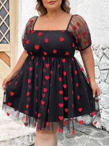SHEIN CURVE+ CURVE PLUS /Valentine's Day/Curve Plus Embroidered Doll Mesh Dress, Red, Heart-Shaped, Valentine's Day, Fluffy Skirt, Princess Dress. Party Valentine's Day, Romantic Valentine's Day - Blue - View 7