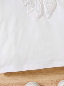 Genkimix Kids 年轻女孩休闲可爱蝴蝶结刺绣圆领短袖 T 恤，夏季百搭 - 白色 - 查看 5