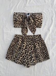 Soleia Women Leopard Print Vacation Casual Cropped Top And Shorts Set, Suitable For Summer And Spring - Multicolor - View 5