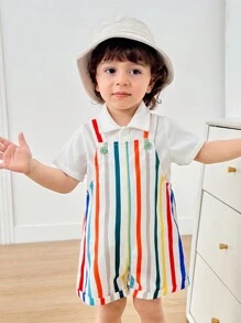 Baby Boy Casual Sports Cute Funny Colorful Romper With Suspender Shorts, Suitable For Spring & Summer, Wear At Home Or Go Out