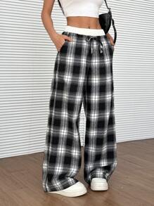 Comfortcana 女士格子系腰阔腿宽松休闲裤 - 黑與白 - 查看 5