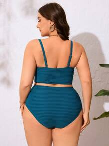 Swim Lushoire Plus Size Women's 2Pcs Solid Color Adjustable Strap Ruched Top And High Waist Spliced Bottoms Swimwear, Fashionable Resort Wear For Summer Beach Vacation - Dark Green - View 2