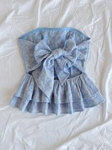 Soleia 女人度假女士休闲天蓝色提花领带露背荷叶边抹胸夏季可爱午餐休闲返校天蓝色上衣