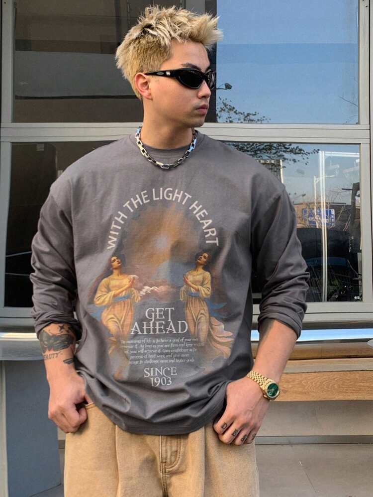 Spring Vintage Character & Letter Print Gray Embroidered Men's T-Shirt,Graphic Tees Fall,Winter