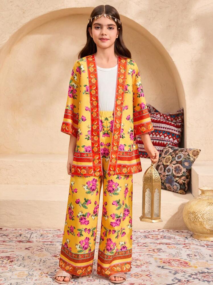 SHEIN Leap Crew Tween Girls Casual Vacation Ditsy Floral Cardigan Jacket And Wide Leg Pants Set - Yellow - View 5