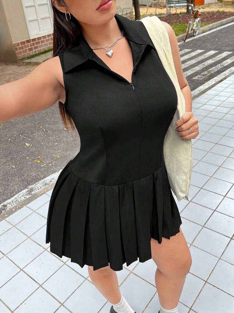 SHEIN EZwear 春夏假期休闲纯色无袖褶皱下摆前拉链大码迷你连衣裙 - 黑色 - 查看 1
