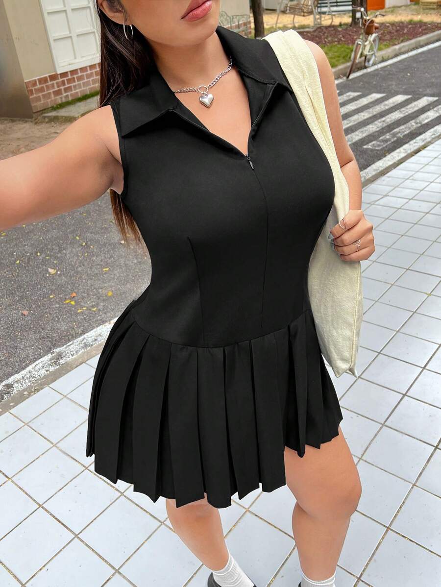 SHEIN EZwear Spring/Summer Vacation Casual Solid Color Sleeveless Pleated Hem Zip Front Plus Size Mini Dress - Black - View 1