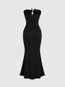 Sweetra Solid Color Pleated Circular Decor Strapless Sleeveless Dress Maxi Women Outfit - Black - View 2