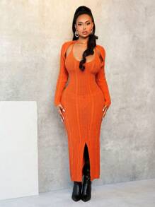 BamGleam Váy len dài tay hở vai họa tiết cáp màu trơn cho nữ - trái cam - Xem 1