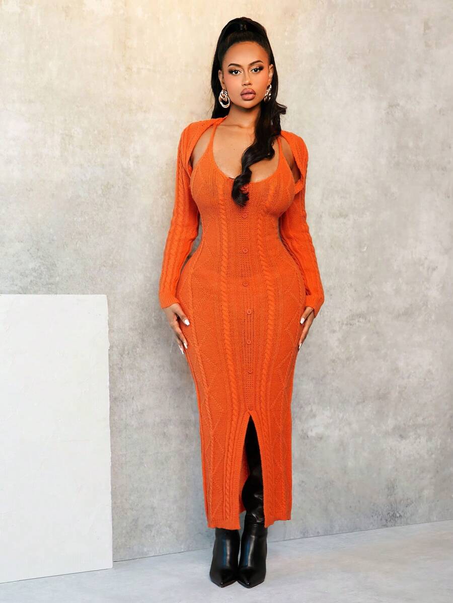 BamGleam Váy len dài tay hở vai họa tiết cáp màu trơn cho nữ - trái cam - Xem 1