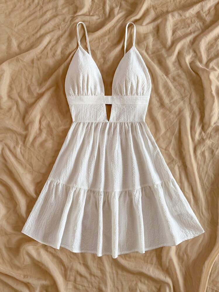 Soleia Vacation Casual V Neck Backless White Dress For Summer,Sun Dress,Summer Dresses For Women,L