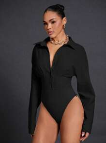 Hauture 纽扣领缝线细节长袖紧身衣 - 黑色 - 查看 5