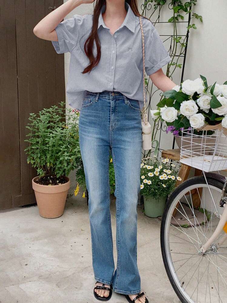 DAZY Women's Bow Embroidery Turndown Collar Loose Short Sleeve Blouse, Spring/Summer - Grey - View 3