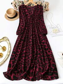 SHEIN CURVE+ 大码女式休闲豹纹灯笼袖开衩连衣裙 - 彩色 - 查看 1