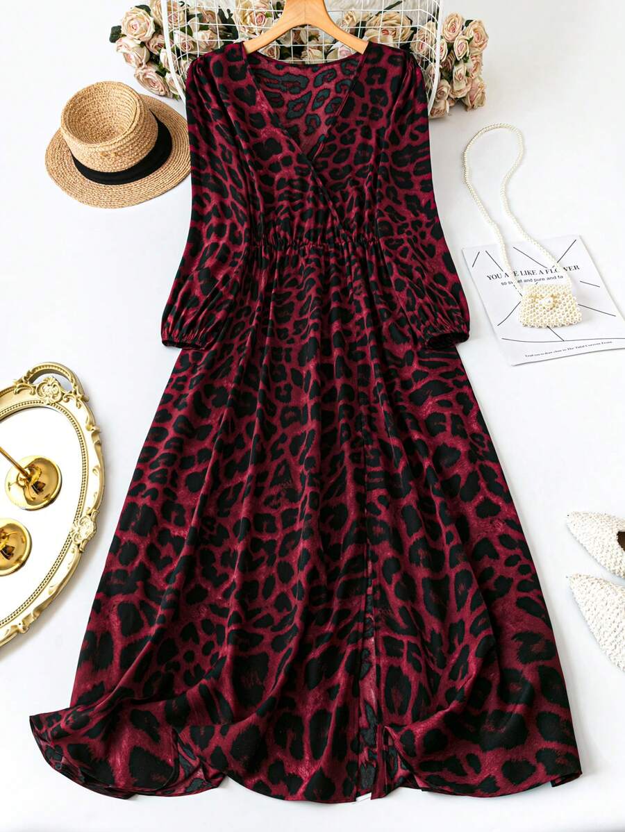 SHEIN CURVE+ 大码女式休闲豹纹灯笼袖开衩连衣裙 - 彩色 - 查看 1