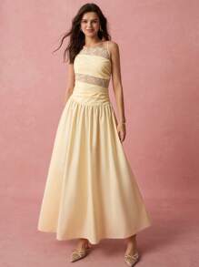 Enchnt Spring And Summer Romantic Ladies Yellow Delicate Lace Pleated Waist Spaghetti Straps Dress, Sweet And Elegant Sundress, Suitable For Wedding Season, Holidays, Vacation, Sweet Date, Daily Commuting And Graduation Season, Ladies Summer Clothing, Elegant Dress