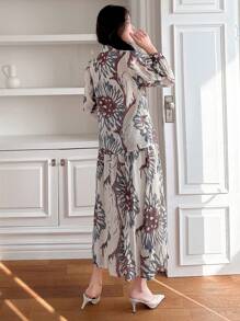 DAZY 2pcs/Set Women Floral Puff Sleeve Shirt And Skirt Outfit,Teacher Outfits,Fall Women Clothes Vacation Outfits Women - Red - View 2