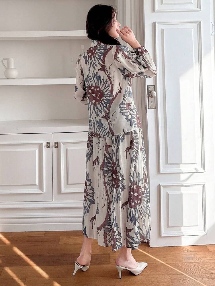 2pcs/Set Women Floral Puff Sleeve Shirt And Skirt Outfit,Teacher Outfits,Fall Women Clothes Vacation Outfits Women Easter