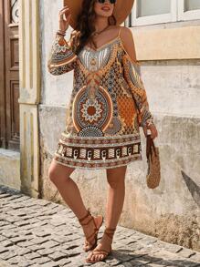 Breezaya Đầm suông dài tay trễ vai họa tiết hoa cỡ lớn cho nữ, phong cách nghỉ dưỡng - Nhiều màu - Xem 3