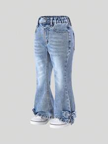 年轻女孩的破洞洗水牛仔喇叭裤配蝴蝶结装饰，时尚年轻女孩 - 淺色水洗藍 - 查看 8