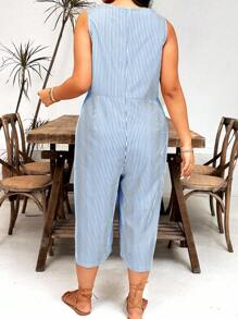 Plus Size Simple Striped Jumpsuit, Fashion Casual Everyday Wear - Baby Blue - View 2