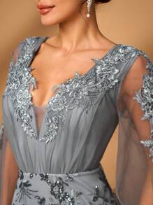 Serin Rochie maxi elegantă, strălucitoare, cu decolteu în V, cu mâneci lanternă, potrivită pentru mama miresei/mirelor la petrecerea de seară, nuntă, banchet formal