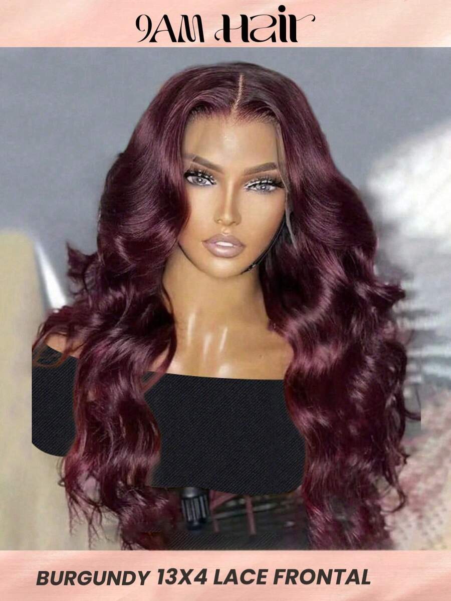 透明蕾絲自然波浪13X4蕾絲正面假髮99J假髮酒紅色顏色