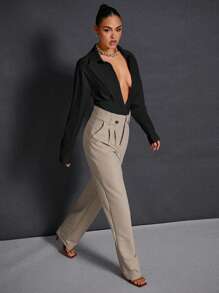 Hauture 纽扣领缝线细节长袖紧身衣 - 黑色 - 查看 6