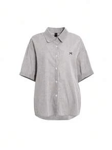 DAZY Women's Bow Embroidered Turndown Collar Loose Short Sleeve Blouse, Spring/Summer - Black and White - View 7