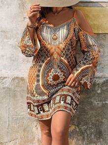 Breezaya Đầm suông dài tay trễ vai họa tiết hoa cỡ lớn cho nữ, phong cách nghỉ dưỡng - Nhiều màu - Xem 5