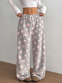 Flirla Christmas New Plush Print Comfortable Women Loose Straight Leg Pants