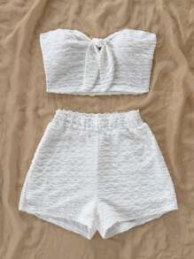 Soleia Conjunto de top bandeau con nudo y shorts para mujer, atuendo casual de playa, ropa de verano - Blanco - Ver 6