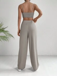 SHEIN EZwear Top corto de color rosa sólido y pantalones de pierna ancha estilo para ir al trabajo - Gris Claro - Ver 2