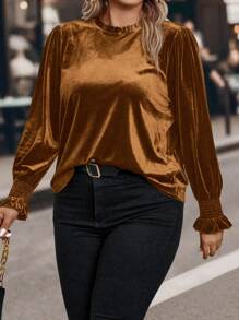 SHEIN Clasi Plus Size Women Solid Color Frill Trim Round Neck Batwing Sleeve Casual T-Shirt, Autumn - Coffee Brown - View 3