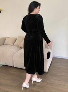 Dazy Plus Contrast Lace Fitted Long Sleeve Mid-Length Dress, Spring/Summer/Autumn - Black - View 2