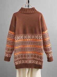 SHEIN LUNE Damski sweter retro casualowy z dzianiny wielokolorowej żakardowej w kolorze brązowym, odpowiedni na Halloween, Nowy Rok, Walentynki, Święto Dziękczynienia, Boże Narodzenie, Wielkanoc, Święto Narodowe, Bal, Sylwestra, Duży rozmiar, Jesień/Zima