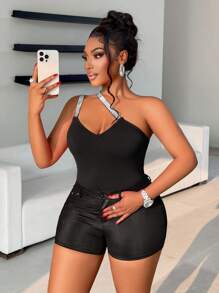 Maweii 2025 New Large Metallic Silver Ribbon Slanted Shoulder Asymmetric Bodysuit Top. Stretch, Slit, Knitted, Cocktail Party, Bridesmaids, Weddings, Four Seasons, Graduation, Festivals, Music Festival Parties.