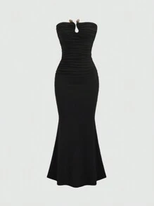 Sweetra Solid Color Pleated Circular Decor Strapless Sleeveless Dress Maxi Women Outfit - Black - View 3