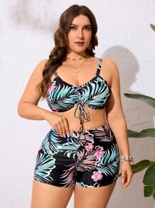 Swim Lushoire 夏季女式大码花卉和树叶印花前系带比基尼套装 - 彩色 - 查看 7