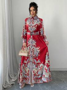 Calvaya Robe chemise maxi imprimée élégante de style vintage pour femmes