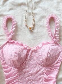 Soleia Top sin mangas de estilo retro para mujer con textura de encaje, volantes y lazo, en color rosa romántico y sensual - Rosa - Ver 5